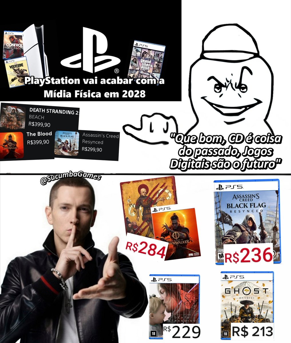 SucumbaGames's tweet photo. Para todos os imbecis que estão defendendo a Sony acabar com a Mídia Física do PlayStation é ISSO AQUI QUE VAMOS PERDER

Olhem a diferença de preços entre a PSN e os Jogos com Disco, eles só querem mais dinheiro e controle, e você que vai pagar o preço. https://t.co/6TTyjwh9Ei