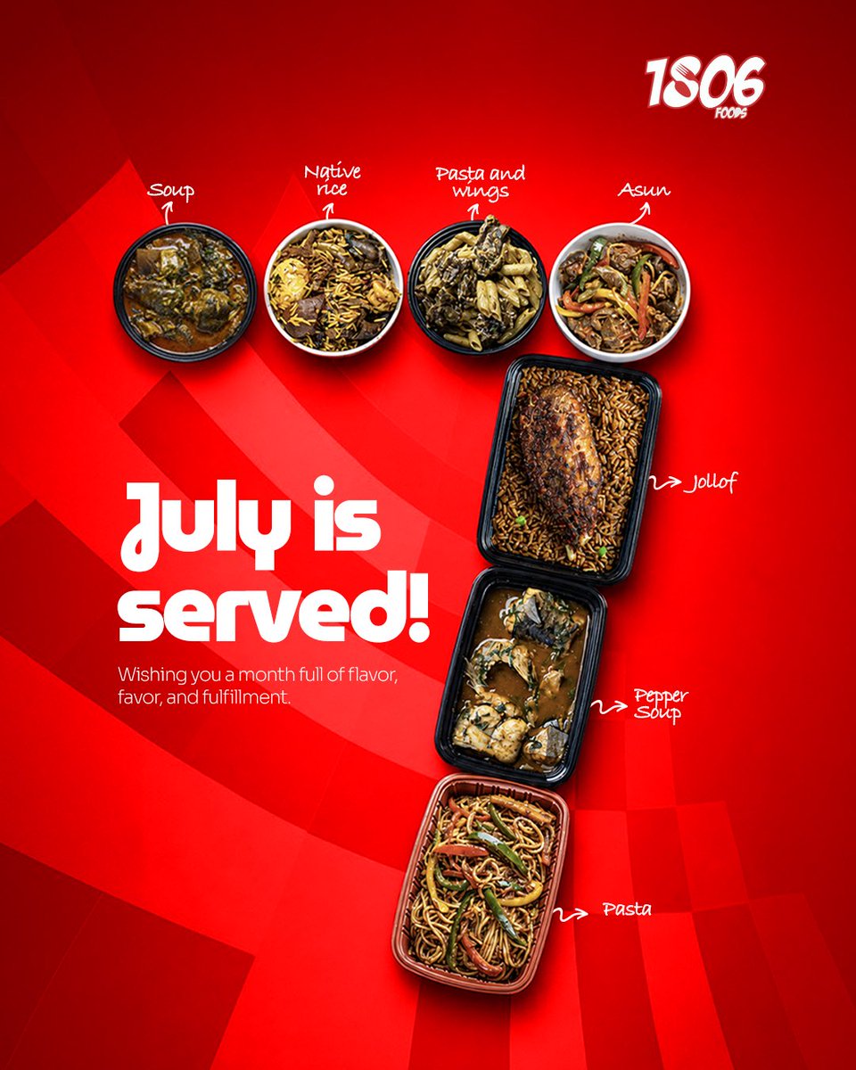 1806Foods's tweet photo. New month, new goals, same incredible cravings. 😮‍💨

From native rice and spicy pepper soup to our signature smoky jollof, we have your July fully mapped out. 🍛✨

📲 Click the link in our bio to view the full menu and order!
📍 Lagos Delivery

⁠#1806foods ⁠ ⁠#happynewmonth⁠ https://t.co/Lup90gJWej