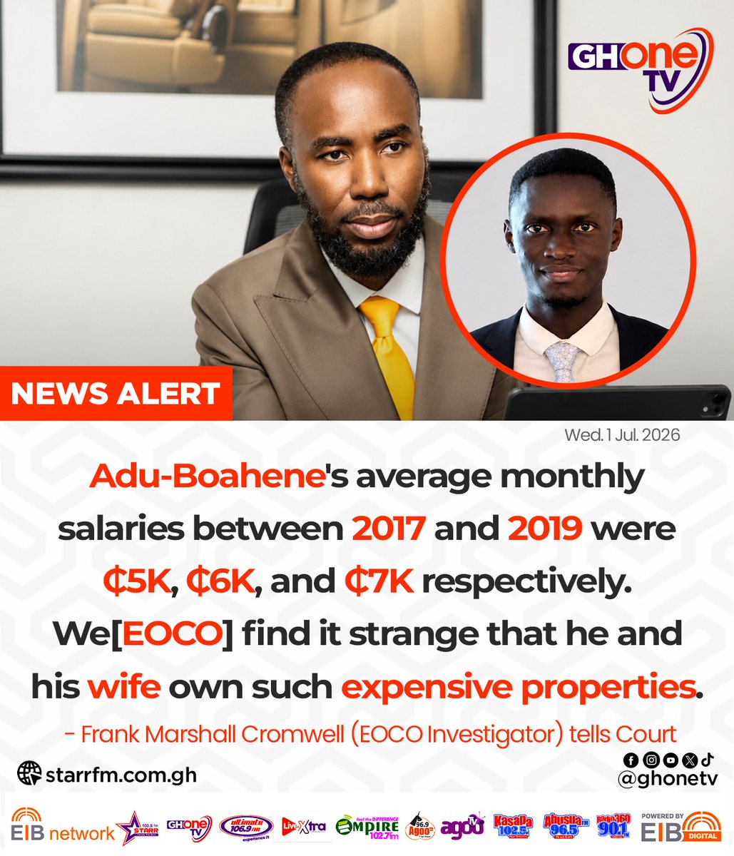 ghonetv's tweet photo. Adu-Boahene's average monthly salaries between 2017 and 2019 were ₵5K, ₵6K, and ₵7K respectively. We[EOCO] find it strange that he and his wife own such expensive properties...

#GHOneNews #EIBNetwork
#GHOneTV #NewsAlert https://t.co/kO1pxzPCII