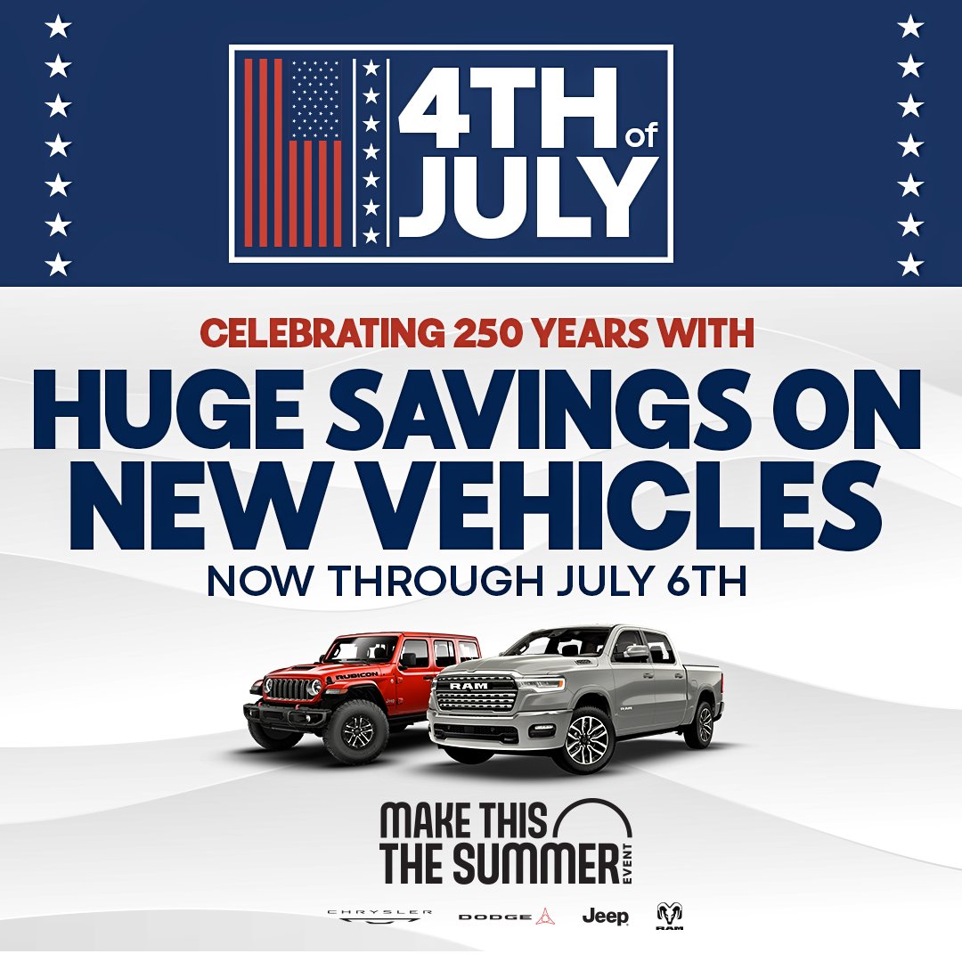 BoltonDCJR's tweet photo. Celebrate 250 years with us and enjoy huge savings through July 6! 🇺🇸

If you're thinking about something new, now's a good time to take a look. Browse our inventory here ➡️ https://t.co/1KU2UKWVNr

#BoltonCDJR #FourthOfJuly #DriveBolton https://t.co/a6nbhDJXLJ