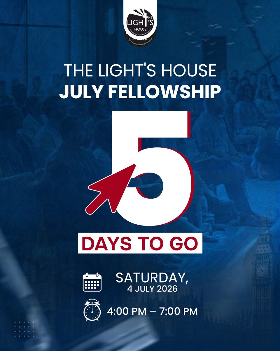 thelightshouse's tweet photo. 5 days until July Fellowship and we're ready. ๐
๐
Sat 4 July 2026 ยท 4PMโ7PM ยท London
๐๏ธ FREE โ no excuses.
Secure your spot before the weekend ๐
https://t.co/ejbStZX6Ct
Who's coming? Reply below ๐
#5DaysToGo #JulyFellowship #TheLightsHouse #London #July4th #FreeEvent https://t.co/0BpuVolaja