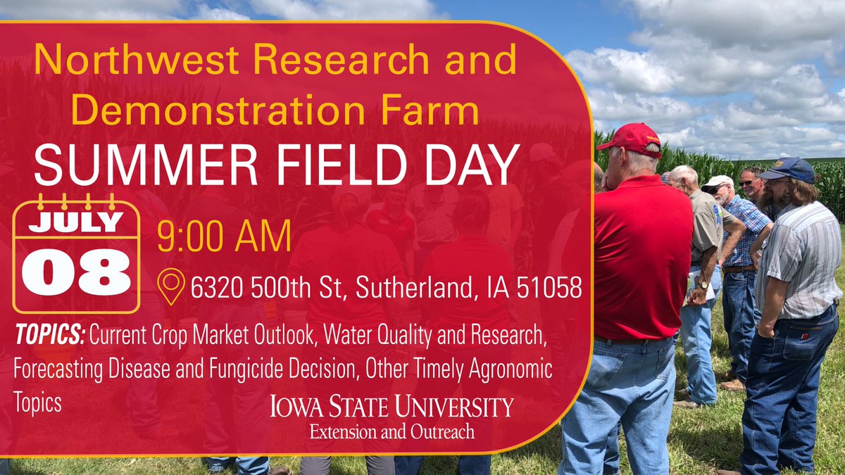ISUCropNews's tweet photo. One week away! If you haven't already, mark your calendar for July 8 at the Northwest Research Farm for their Summer Field Day. We'll see you there!
🔗 https://t.co/myfExj7bgv
#IowaAg #Extension #ISUCrops #FieldDays https://t.co/GaE7dnmlwX