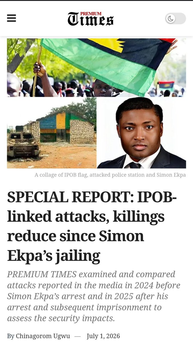 OkwukKanu's tweet photo. Premium Times one of the most significant admissions in this report is not merely the reduction in violence after Simon Ekpa's imprisonment. 
It is the acknowledgement that "those loyal to Mazi Nnamdi Kanu" consistently disassociated both him and IPOB from Simon Ekpa's (Obere Midget)activities.

This acknowledgement matters because it recognises that there was a clear distinction between the organisation led by #NnamdiKanu through its Directorate of State (DOS) and the autonated madness that emerged around Simon Ekpa.
For years, We (the DOS and many supporters) maintained that Ekpa neither represented Nnamdi Kanu nor acted under the authority of IPOB. 
Whether everyone accepted that position is a separate question and discussion for another day, but the historical fact is that this distinction was repeatedly asserted.
If that is now acknowledged, then it raises further questions. 
1. Were those who defended that distinction unfairly criticised at the time including myself? 
2. Are they being criticised and attacked still?
3. Did the failure of many observers to recognise the separation contribute to public confusion about responsibility for violent acts? 
4. How should that historical record now be understood? 

To be continue.....

https://t.co/ITAoGAROyC