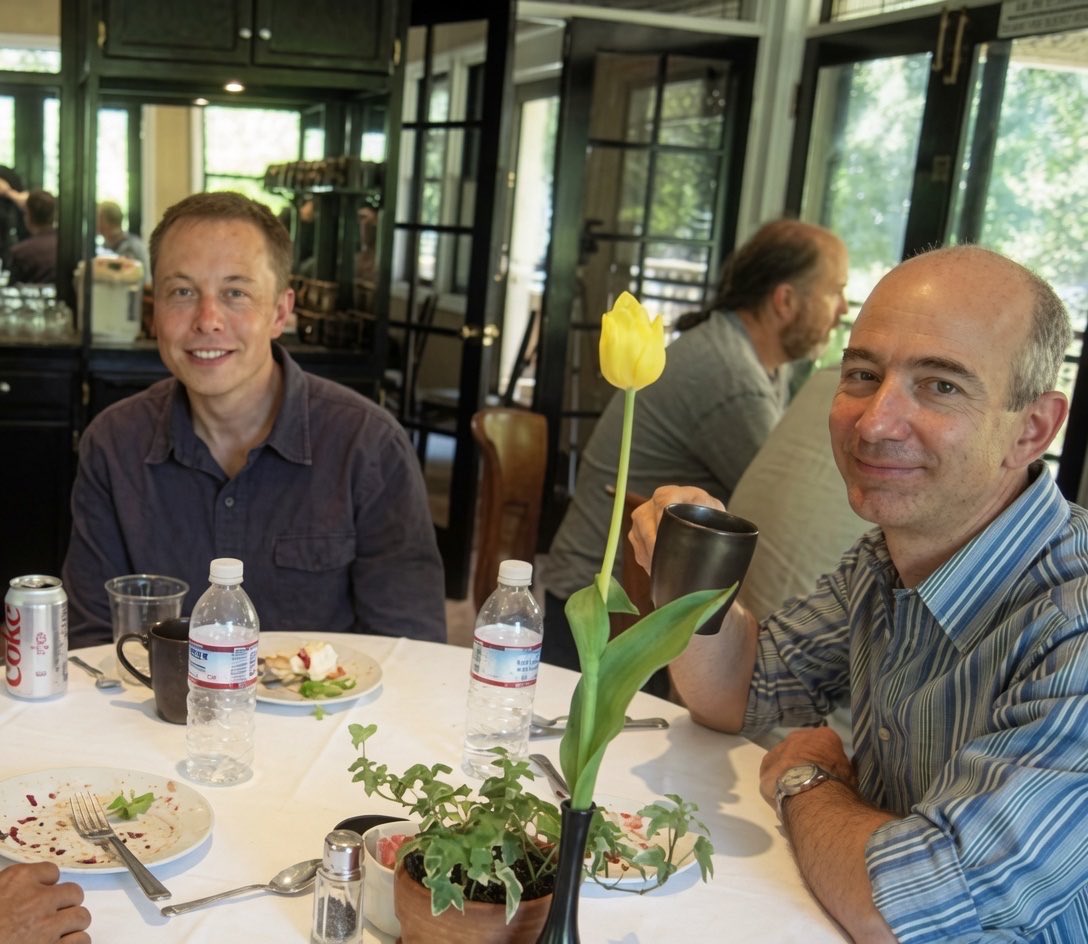 modernhistory's tweet photo. Elon Musk and Jeff Bezos in 2004. I wondered who paid the bill. https://t.co/GRWnio16OV