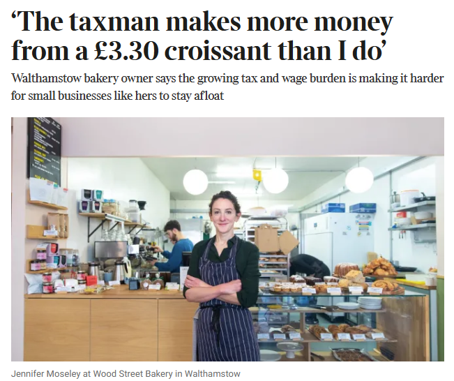 CutMyTaxUK's tweet photo. The Times highlights the growing tax burden on a Walthamstow bakery run by Jenny Moseley.  Increasing taxes are making the business uneconomic.

Moseley’s business rates bill now is 219% higher than the amount she paid in 2024-25. The rises in the minimum wage & the London living wage, & the increase in employer national insurance have put up staff costs by 16%.

"Electricity bills have gone up a lot as well. ” said.

“We get to the end of each month and it’s like, are we going to be able to pay everyone? In January I had to take money out of my personal savings to pay my team because the costs have just become incredibly high and we’re not making any profit."