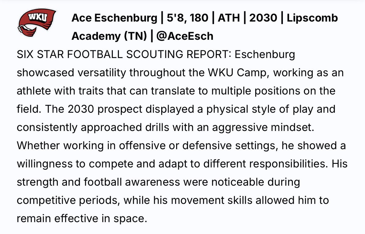 AceEsch's tweet photo. Thanks @sixstarfootball for the write up. Thanks to @WKUFootball for the fun camp and opportunity to get better. @LAmustangFB @CoachMal7 @Coach_MWright @jmattjmattjmatt @LoyaltyPerform @BallHawkU @X3performance https://t.co/ybPesHO5o5