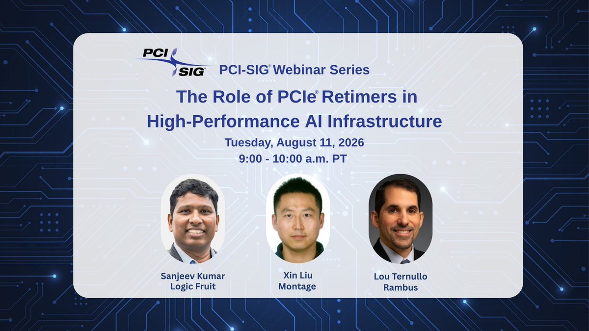pci_sig's tweet photo. Interested in learning how PCIe retimers maintain signal integrity in AI Infrastructure?

Join presenters from @logicfruit, Montage Technology, and @rambusinc as they examine how PCIe #retimers help overcome signal degradation challenges through clock data recovery, #PAM4 signaling, and design practices that support interoperability and overall system performance.

Secure your spot for “The Role of PCIe Retimers in High-Performance AI Infrastructure,” airing on Tuesday, August 11, at 9:00 a.m. PT > https://t.co/hanr9gKpXd