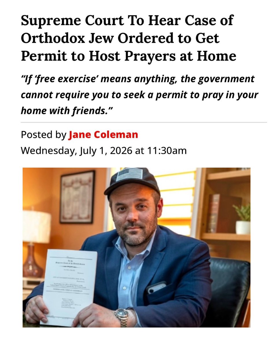 JaneBColeman's tweet photo. Lost in yesterday's Supreme Court news: The Court agreed to hear the case of an Orthodox Jew ordered to get a permit to host prayers at home. 

Latest @LegInsurrection: https://t.co/NohASpykN2