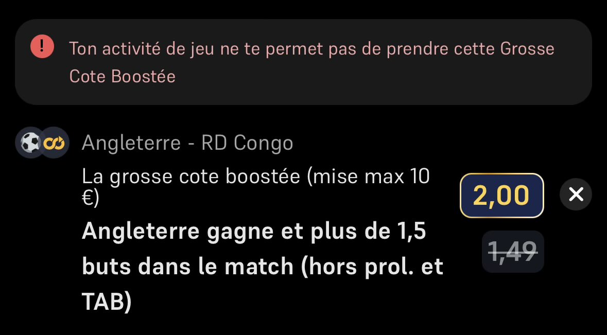 cfreeze76's tweet photo. @JournalDuBet 
À mon tour d’être priver de la grosse cote boostee … ça s’est débloqué pour toi ?
@WinamaxSport 
C’est moche !!! https://t.co/8WKaHJzz8H