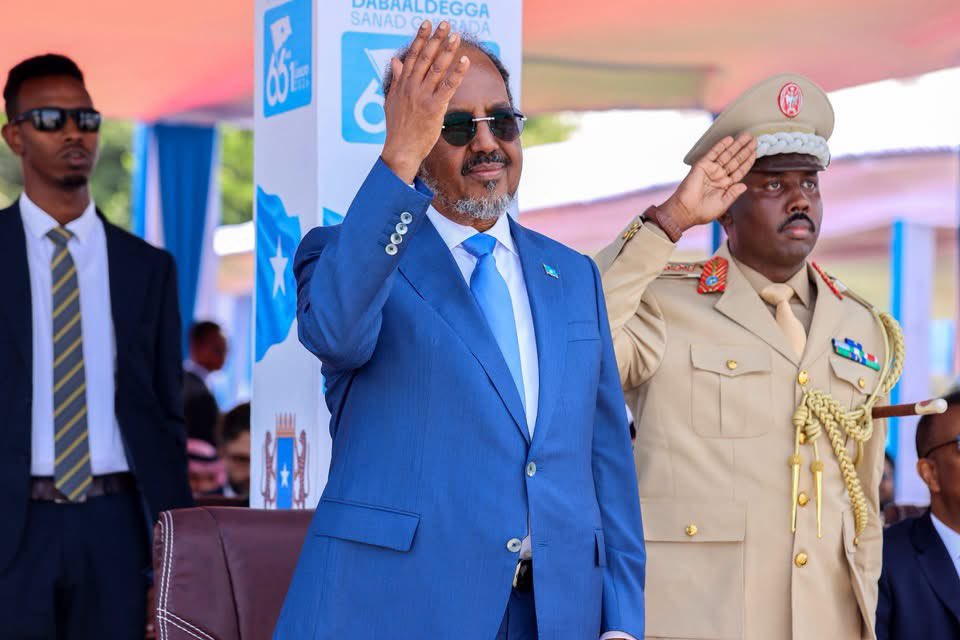 JegAdan's tweet photo. The President of the Somali Republic, Hassan Sheikh Mohamud, participated in the grand competition to commemorate the 66th anniversary of the historic day of July 1, which marked the defense of the South and the unification of the two regions of North and South, which was the foundation of the Somali Republic.