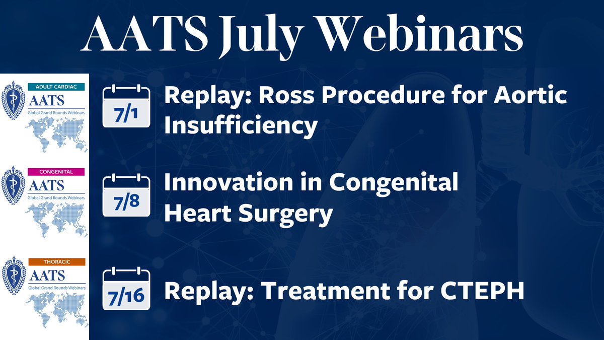 AATSHQ's tweet photo. Join us this month for our Global Grand Round webinars, available Wednesdays in the AATS Online Institute. Presentations include the Ross for aortic insufficiency, the FDA’s perspective on innovation in #congenital heart surgery, and more. Register: https://t.co/DFlhjXWSjY https://t.co/tkMnveRoUf