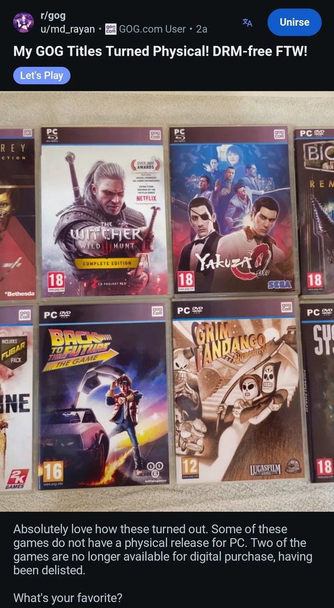 herr_lorenz_'s tweet photo. En momentos como este me gusta recomendar mucho GOG. Será formato digital pero como no tiene DRM te puedes montar tu propio formato físico (hay posts para informarse y plantillas para las carátulas). Que Steam está guay, pero si por lo que sea cierra vamos a flipar en  colores. https://t.co/TUxGFRbMVR