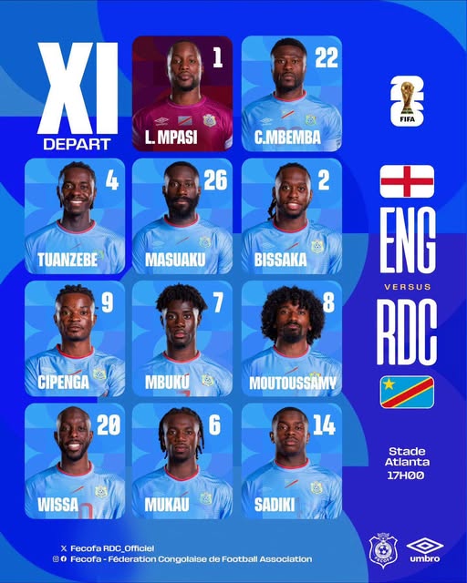 SalumuMoses's tweet photo. #couoedumonde
📷Voici 𝐋𝐄 𝐗𝐈 📷 Contre l’Angleterre
BAKAMBU sur le Banc…
Mpasi
Wan Bissaka
Tuanzebe
Mbemba (C)
Masuaku
Mukau
Moutoussamy
Sadiki
Mbuku
Wissa
Cipenga
Coup d’envoi : 17H00 (Kinshasa) https://t.co/BzhntCNRyI