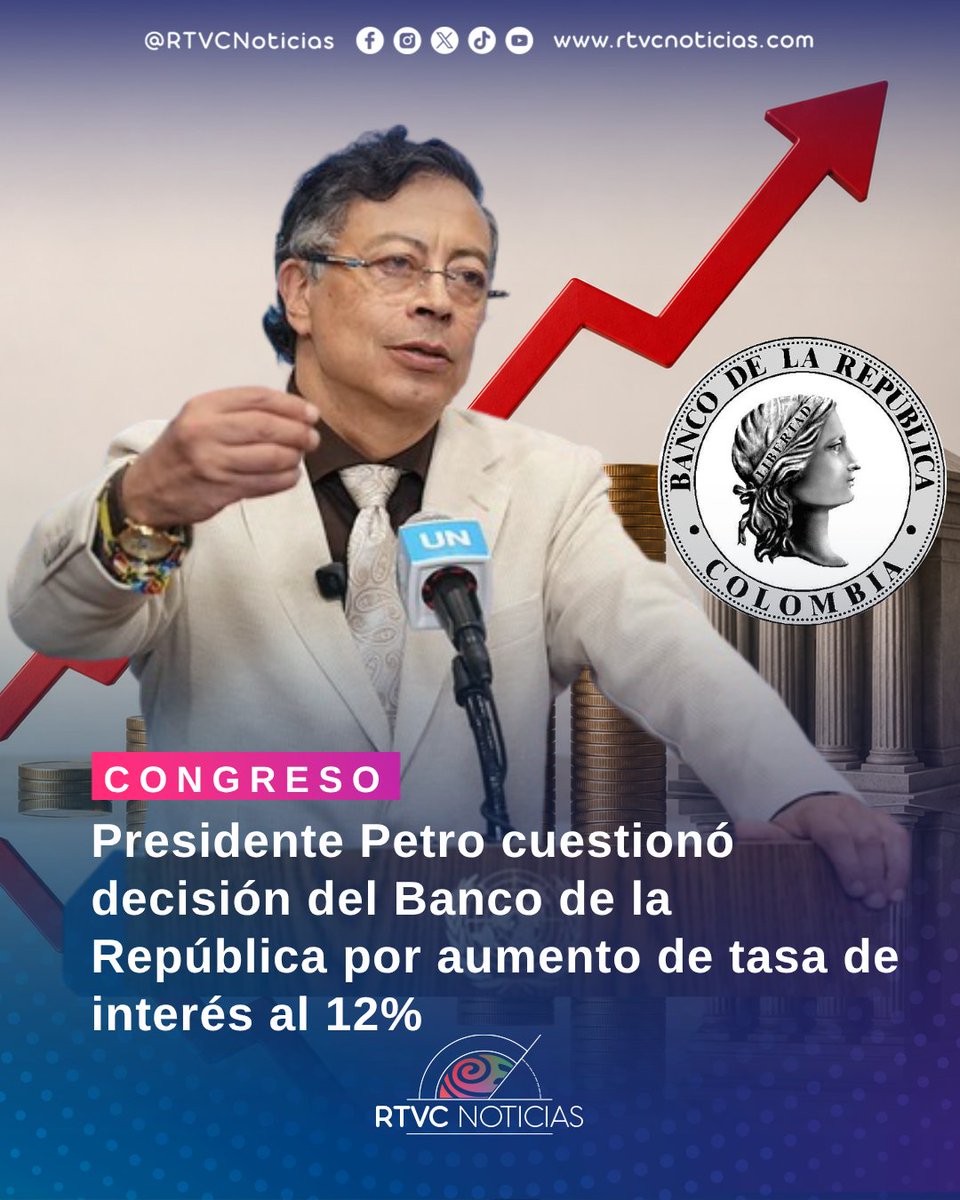 RTVCnoticias's tweet photo. #Congreso | 🗣️🇨🇴 En su pronunciamiento, el presidente @petrogustavo señaló que elevar aún más la tasa de interés no contribuye a enfrentar la coyuntura económica y, por el contrario, podría generar una desaceleración de la actividad productiva. 📉

📢 Además el primer destacó que, para abril, mientras la Organización para la Cooperación y el Desarrollo Económicos (OCDE) registraba una inflación en energía del 13 %, mientras que Colombia se encontraba entre los cinco países con inflación negativa en ese componente. 

🗞️Conoce más detalles https://t.co/sybPYgGdFr