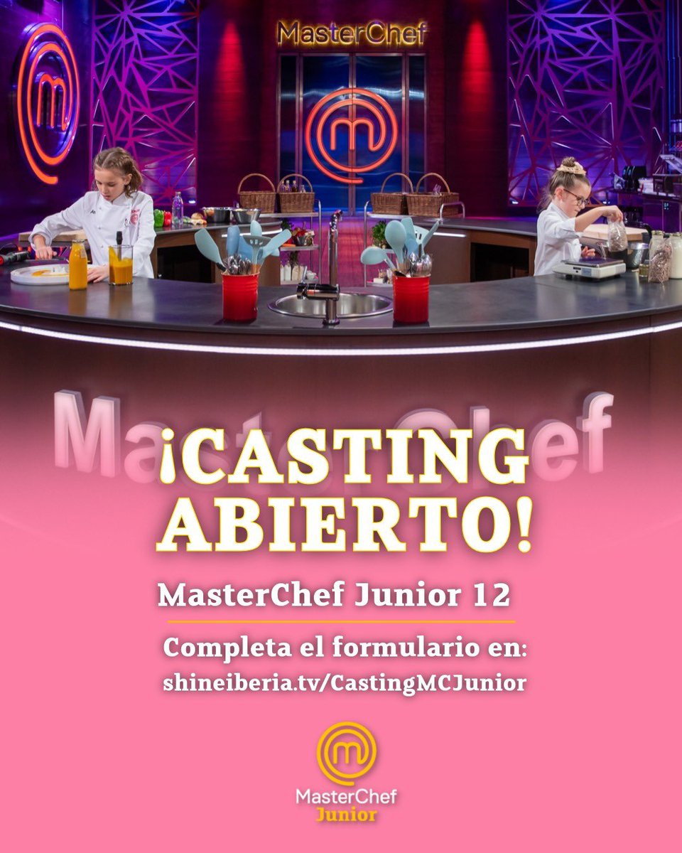 ShineIberia's tweet photo. 📢CASTING CALL
Si tienes entre 8 y 12 años, quieres desarrollar tu pasión por la cocina ¡apúntate al casting de MasterChef Junior! Vive una experiencia inolvidable y aprende con nuevos amigos. 
📲Inscripciones abiertas en: https://t.co/zmwqCQxUoj https://t.co/oBvJugBVA6