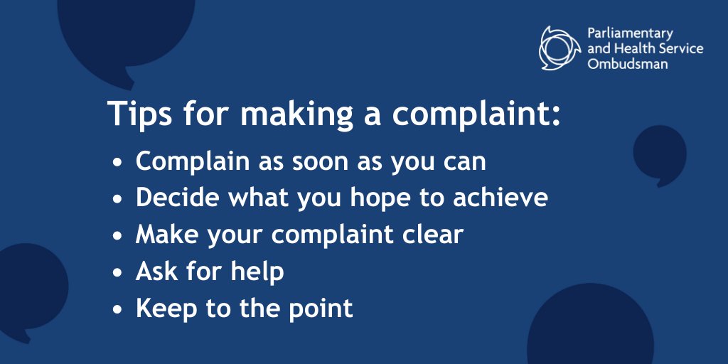 PHSOmbudsman's tweet photo. We wanted to share some tips on how to make a complaint to the NHS in England:

- Decide what you hope to achieve
- Make your complaint clear
- Complain as soon as possible

For more top tips, visit our website: https://t.co/NSIY3Gnqtm https://t.co/SLTjNnoHqz