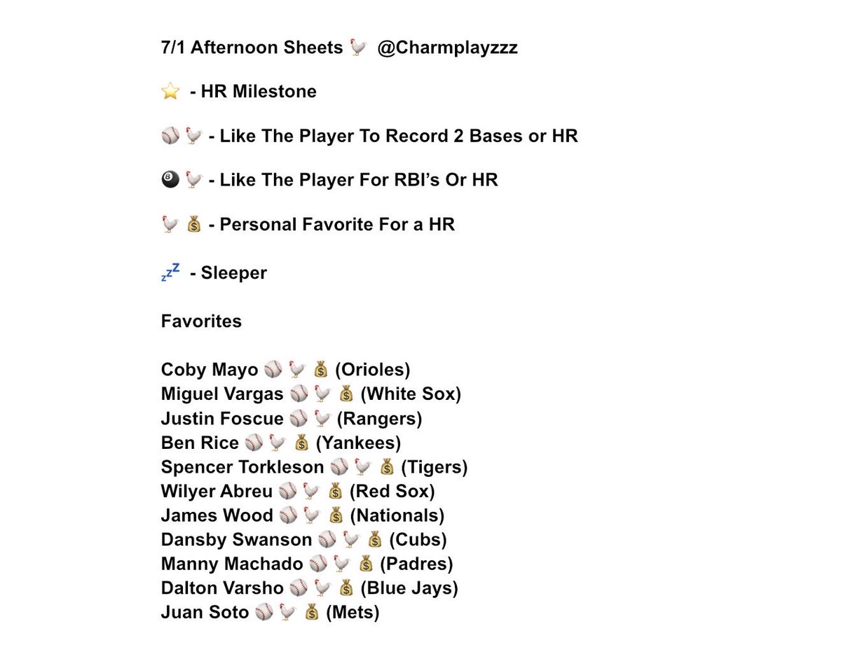 Charmplayzzz's tweet photo. Afternoon SpotSheets 7/1 🐓⭐️

DISCLAIMER: These are NOT just sheets for Home Runs. Use the Names to Attack Bases, Hits &amp; More! Attack ALL Markets! ⚾️

Drop your tickets if you cook anything up from the sheets!!

Value + Sleepers Are in The Thread ⬇️

LETS CASH! 🐓⭐️

#GAMBLINGX https://t.co/L7vF34dmqb