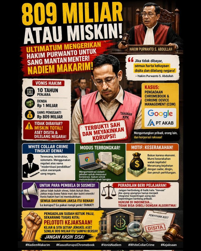 pembatai's tweet photo. Nadiem Makarim Terbukti Sah Korupsi Wajib Mendapat Hukuman Penjara #NadiemMakarim #KasusKorupsiChromebook #VonisNadiem #Kejaksaan #WhiteCollarCrime https://t.co/W1LMZCRv29