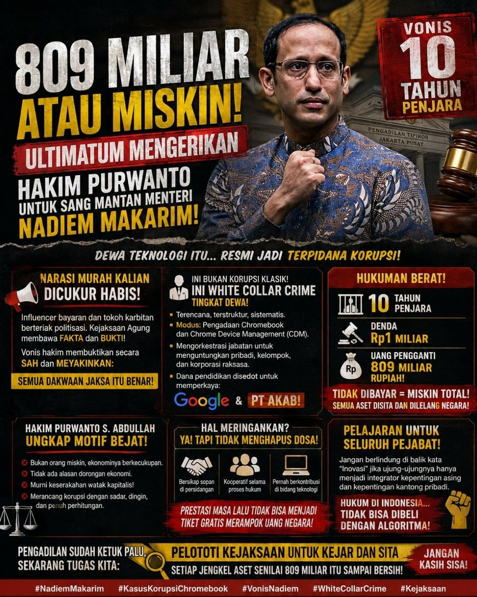 pembatai's tweet photo. Tidak Ada Kekebalan bagi Koruptor yang Terbukti Korupsi #NadiemMakarim #KasusKorupsiChromebook #VonisNadiem #Kejaksaan #WhiteCollarCrime https://t.co/MwiV6rcS6C