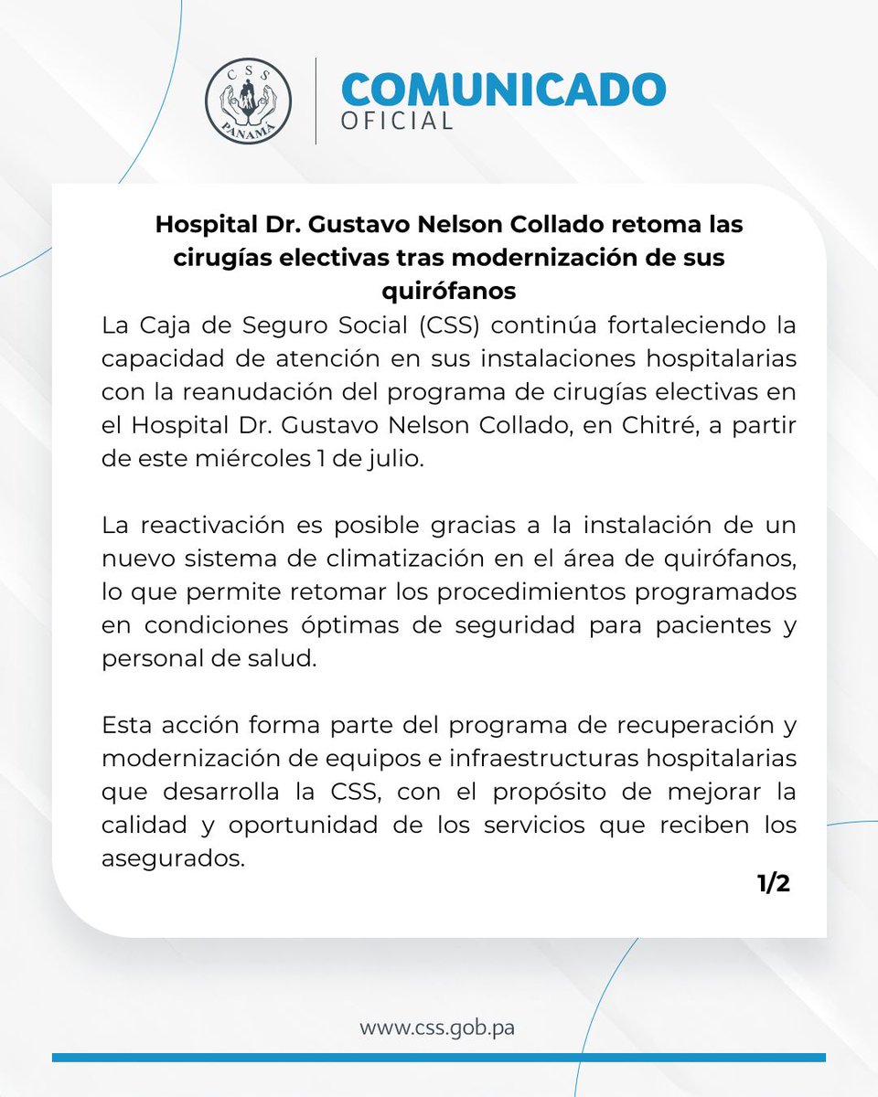 CSSPanama's tweet photo. #ComunicadosCSS | Hospital Dr. Gustavo Nelson Collado retoma las cirugías electivas tras modernización de sus quirófanos. https://t.co/2GhB37ye8E
