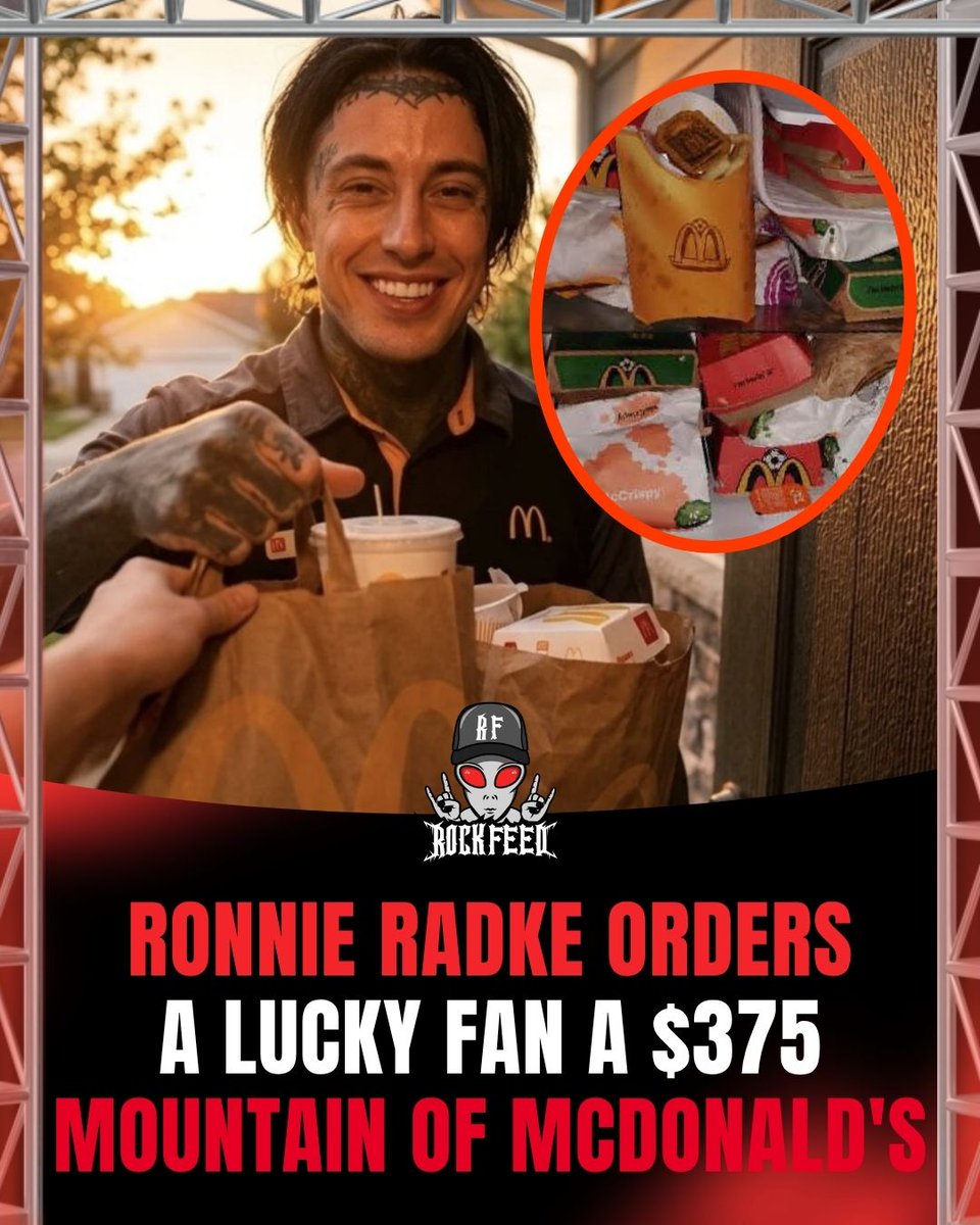 RockFeedNet's tweet photo. Ronnie Radke has done it again. The Falling In Reverse frontman just sent a fan a massive McDonald's haul, 33 items and around $375 to their door, right after doing the same with Taco Bell. The guy takes care of his people. https://t.co/6YL7MAvPVO