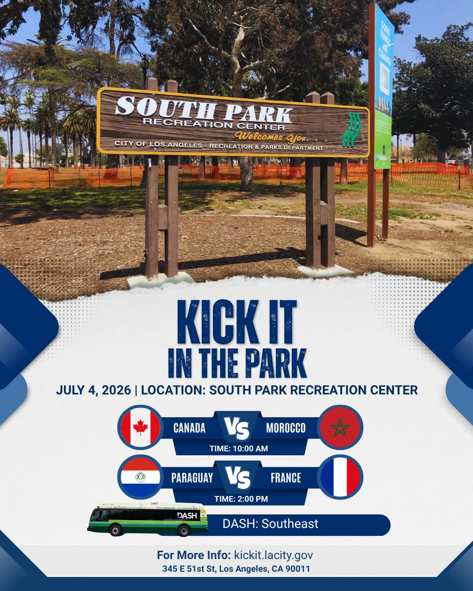 LADOTofficial's tweet photo. Ditch the indoors and enjoy watching the games on the big screens and soak in the community energy of Kick It in The Park. Gather your  crew and head to your closest park for more live soccer action! Reminder: Take @ladottransit DASH! Learn more at https://t.co/BpH0DKuSLU https://t.co/w28YKGboUV