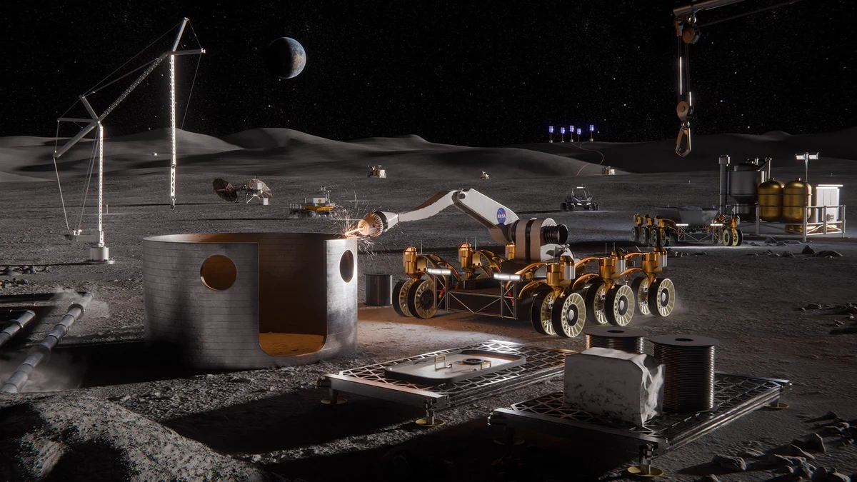 Artistic concept of lunar surface technologies and infrastructure capabilities, including in-situ resource utilization oxygen production systems, surface power systems, in‑space manufacturing tools, and advanced nanomaterials production.
Credit: NASA