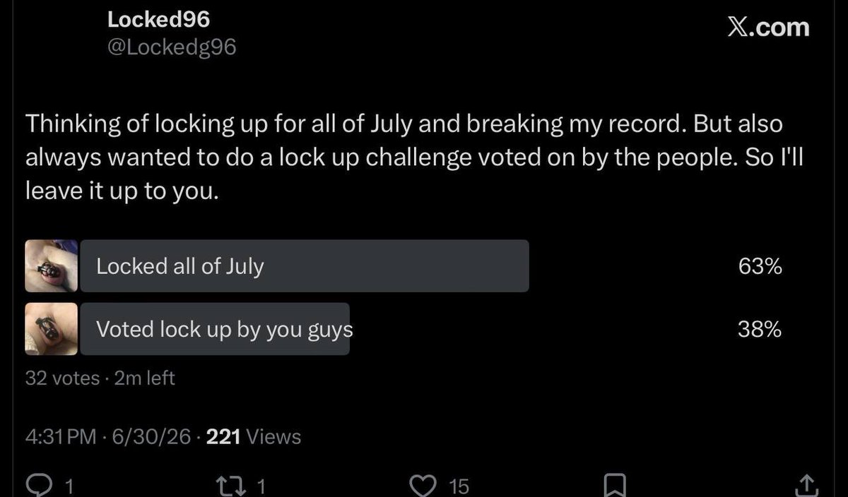 Lockedg96's tweet photo. Votes are in. Thank you guys very much. Looks like I'm locked up all of July. Going to be a record locked and for not touching my dick.

@GayChastity_RTs @GayChastityRPs @rugbyunion8 @MCCageRT1 @CagedLegion @ChastitypigRTS https://t.co/PfgHdXvyer