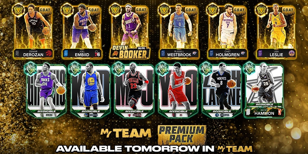 NBA2KMyTEAM's tweet photo. Get ready for an absolutely loaded drop! 😮‍💨

Massive 🐐 G.O.A.T. and 🛡️ Invincible star power is hitting the Pack Market tomorrow featuring Devin Booker, Russell Westbrook, Chet Holmgren, Michael Jordan, Kevin Durant and more!! https://t.co/pUPWH8kqYB