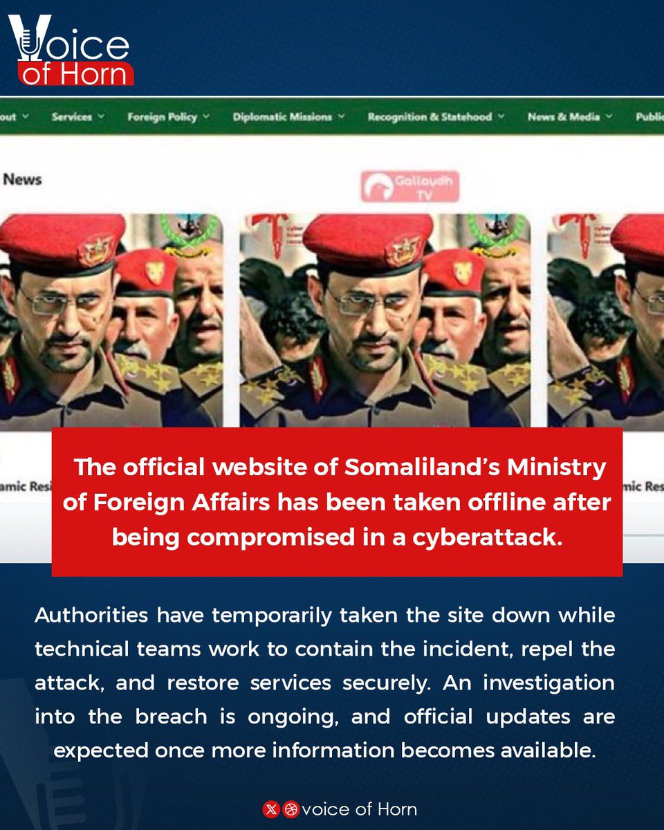 VoiceofHorn's tweet photo. 🚨 BREAKING: The official website of Somaliland’s Ministry of Foreign Affairs has been taken offline after being compromised in a cyberattack.

Authorities have temporarily taken the site down while technical teams work to contain the incident, repel the attack, and restore services securely. An investigation into the breach is ongoing, and official updates are expected once more information becomes available.

This is a developing story.