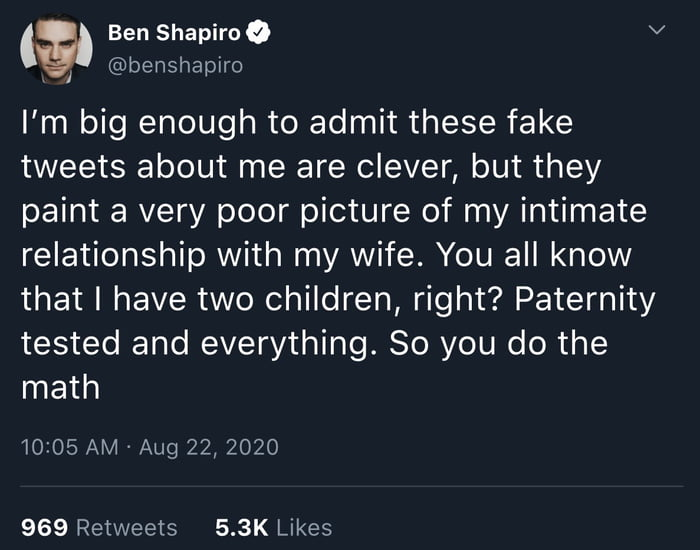 Pies_of_Lee's tweet photo. the time ben shapiro tried to dunk on people making fun of him not being able to arouse his wife by saying he paternity tested his own kids https://t.co/beCgfOiL7g