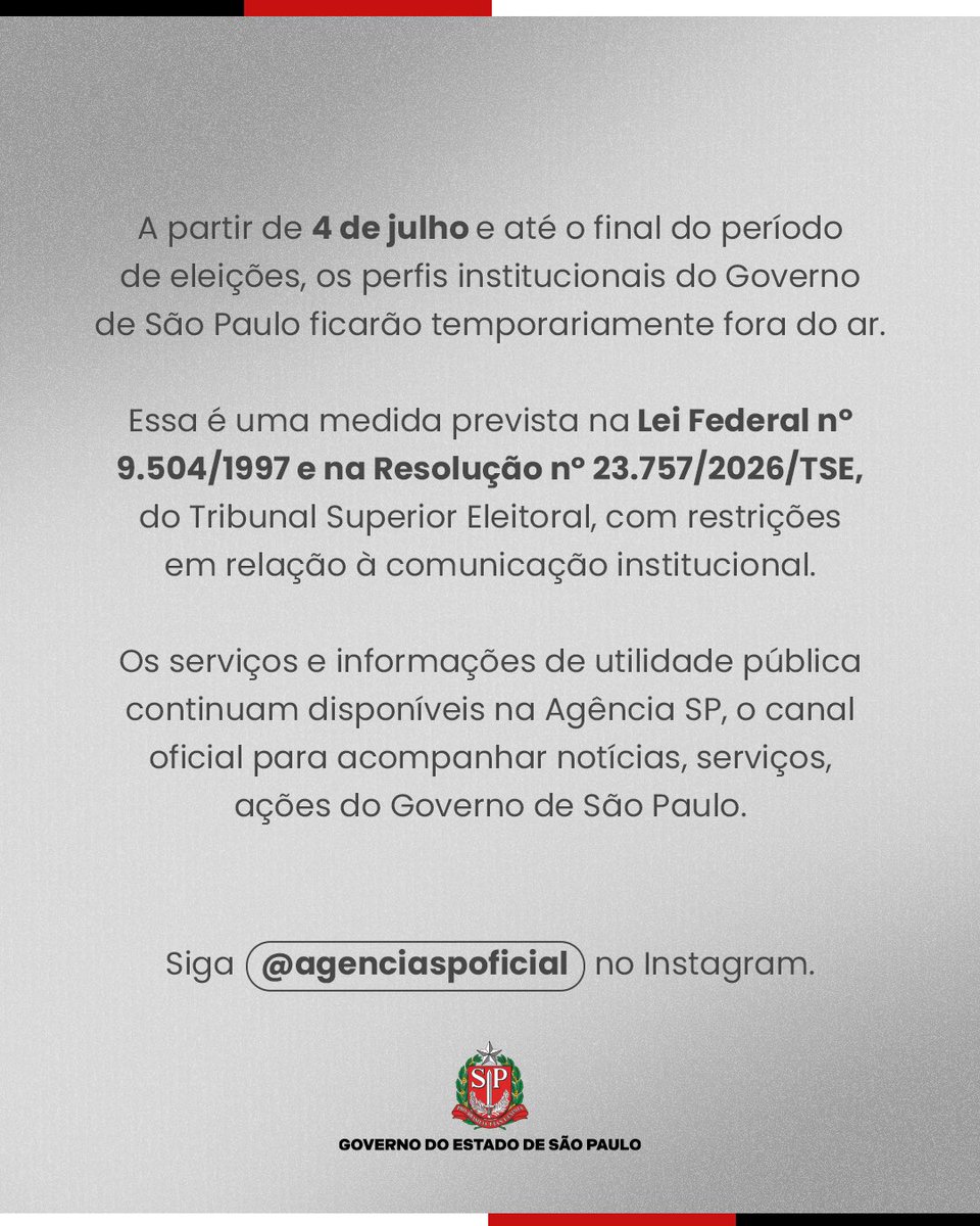 casacivilsp's tweet photo. ⚠️ Aviso importante!

Em cumprimento à legislação eleitoral, os perfis institucionais do Governo de São Paulo ficarão temporariamente indisponíveis a partir de 4 de julho, permanecendo assim até o término do período eleitoral (+) https://t.co/wIQupRPi3d