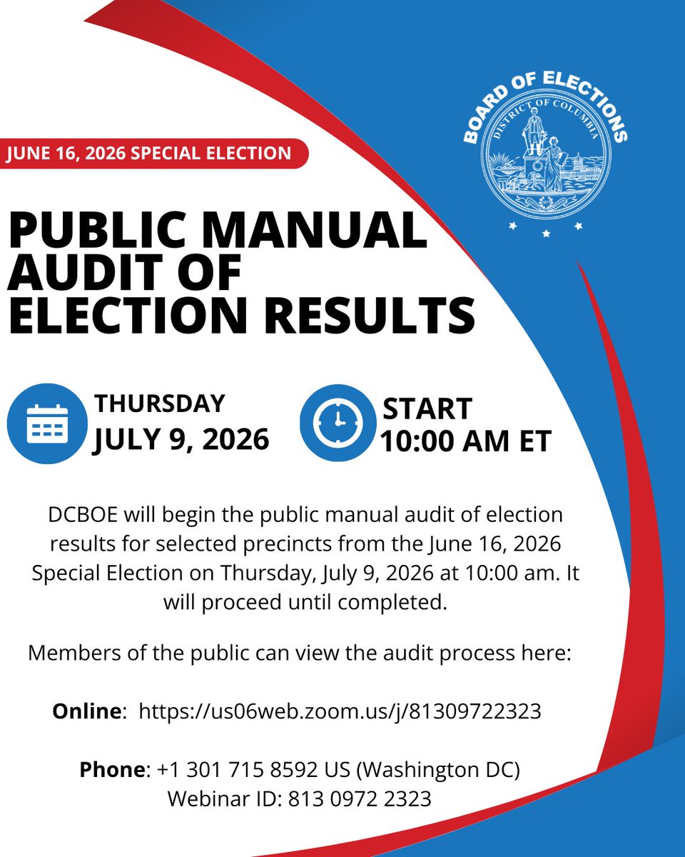 Vote4DC's tweet photo. DCBOE will begin the public manual audit of election results for selected precincts from the June 16, 2026 Special Election on Thursday, July 9, 2026 at 10:00 am. It will proceed until completed. The public can view the process virtually. Learn more at https://t.co/AMyzpmUuSq. https://t.co/i1IvAGSErW