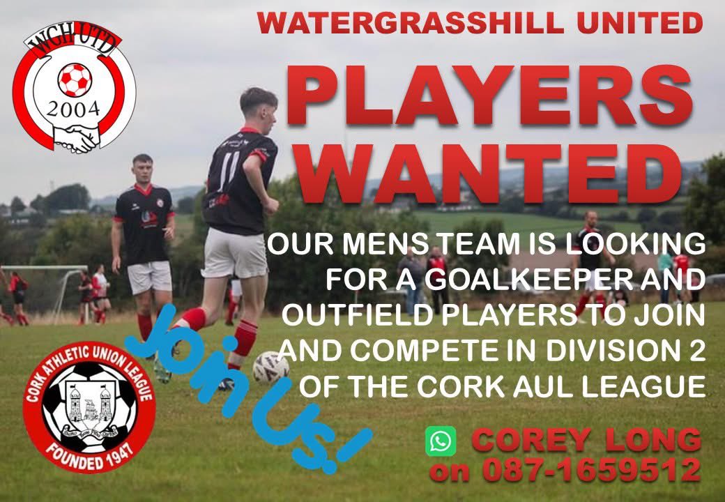 WGHUTD's tweet photo. Our Watergrasshill United AUL team is looking for a goalkeeper and outfield players to join us and compete in division 2 of the Cork AUL League. Contact Corey Long on 087-1659512 for more info. https://t.co/aMpCNTC4xH