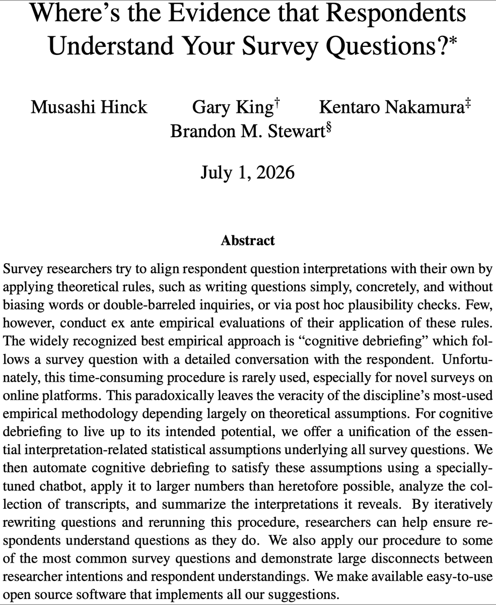 kinggary's tweet photo. New paper: "Where’s the Evidence that Respondents Understand Your Survey Questions?" with Musashi Hinck, Kentaro Nakamura, Brandon M. Stewart. Comments welcome!  https://t.co/WBs4RH75f1 https://t.co/JJFYpJzoRP
