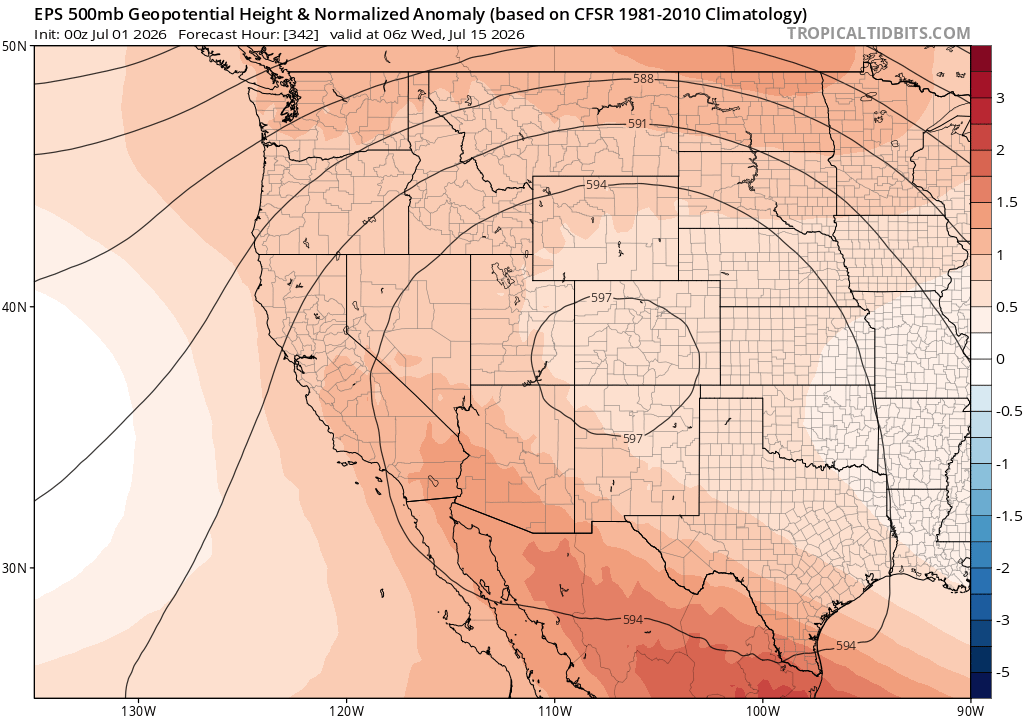 Weather_West's tweet photo. Looking ahead toward mid-July, there are early signs of an amplifying Four Corners ridge/high pressure system. The ridge may be unusually strong on its western flank, potentially portending a new Western heatwave and potential (tentative) monsoonal moisture incursion from SE. https://t.co/cb00e0GjEq