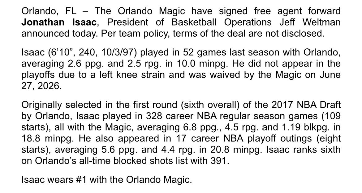 Magic_PR's tweet photo. PRESS RELEASE:
@OrlandoMagic sign free agent Jonathan Isaac https://t.co/VTkNHbsGtc