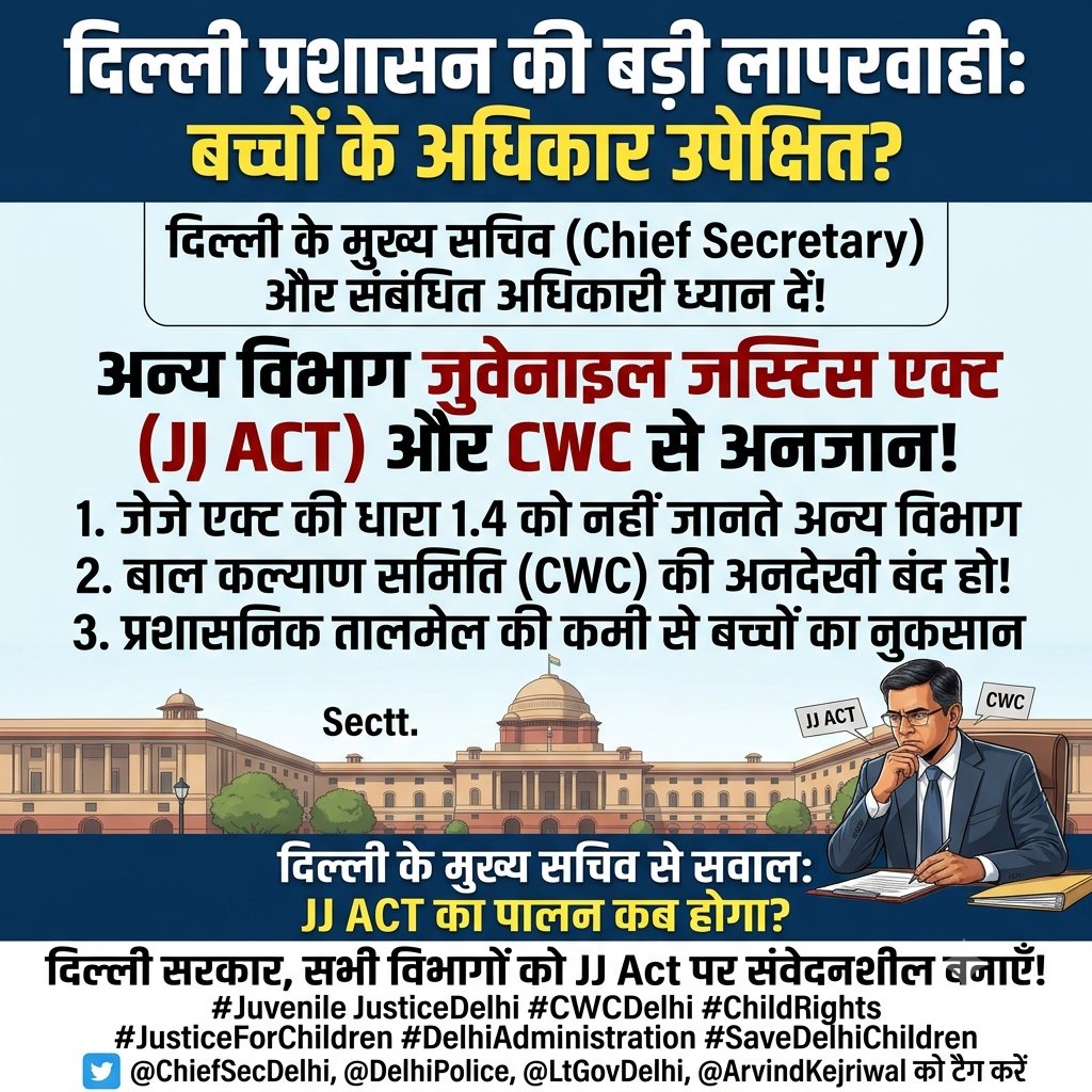vishalmridul's tweet photo. @ChiefSecyDelhi , प्रशासन के सबसे बड़े मुखिया होने के नाते आपसे एक गंभीर विषय पर ध्या�� देने की अपील है।
दिल्ली के कई सरकारी विभागों को जुवेनाइल जस्टिस एक्ट (JJ Act) की धारा 1(4) और बाल कल्याण समिति (CWC) के वैधानिक अधिकारों व कार्यप्रणाली की जानकारी ही नहीं है।
@CMODelhi https://t.co/v7hyesxQBq