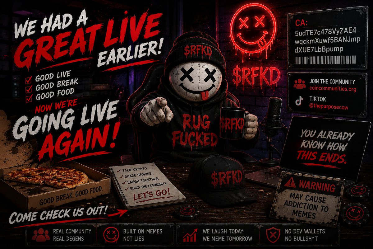 BillyFont's tweet photo. 💀 We had an awesome live earlier today!

Took a break, grabbed some food... now we're firing it back up. 🔥

Come hang out, talk crypto, share your worst rug stories, and check out what $RFKD is all about.

🟥 RUG FUCKED
 You already know how this ends.
🎥 Going LIVE NOW!

#RFKD #RugFucked #Solana #Memecoin #Crypto #TikTokLive #Degen #CT