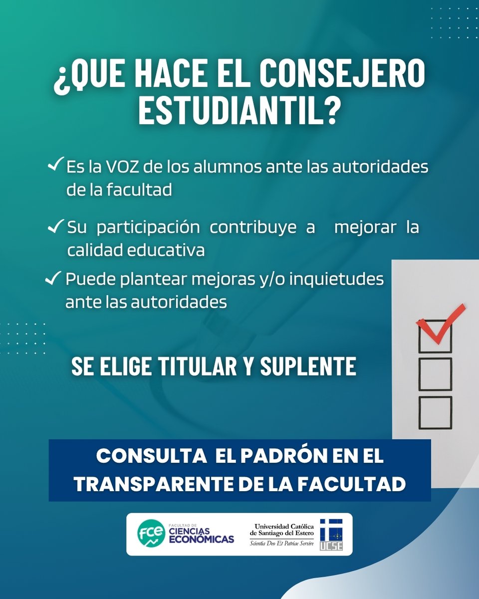 economicasucse's tweet photo. 📢 Elecciones de Consejeros Estudiantiles 2026
📅 Postulaciones: hasta el 24 de agosto de 2026.
🗳️ Elecciones: 29 de septiembre de 2026.
#FCE #UCSE #ConsejeroEstudiantil https://t.co/yYfCc4i38L
