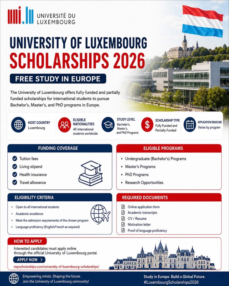 MrsScotty_M's tweet photo. 🇱🇺 University of Luxembourg Scholarships 2026 | Free Study in Europe

Scholarship Name: University of Luxembourg Scholarships 2026

Host Country: Luxembourg

Eligible Nationalities: All international students worldwide

Study Level: Bachelor's, Master's, and PhD Programs

Scholarship Type: Fully Funded and Partially Funded

Funding Coverage: Tuition fees, living stipend, health insurance, travel allowance

Application Deadline: Varies by program