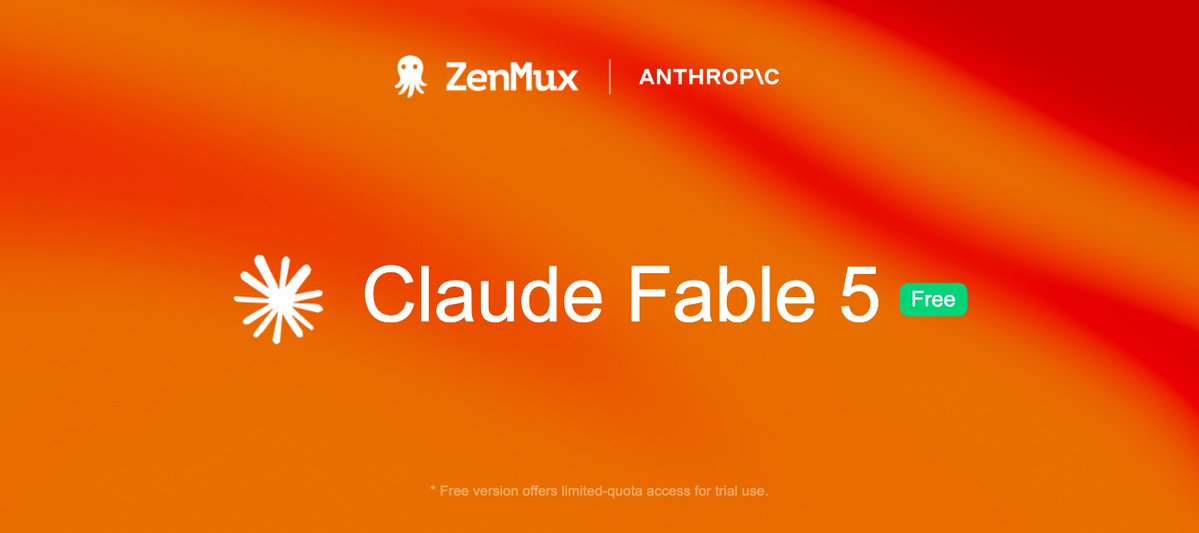 ZenMuxAI's tweet photo. 🚀 Claude Fable 5 is back on ZenMux!

✨ Limited-time FREE access
• PAYG: claude-fable-5-free
• Free Plan users: available out of the box
A Mythos-class Claude model built for ambitious coding, long-running agents, deep research and complex knowledge work.
Official access is still limited, but on ZenMux, both Subscription and PAYG users can use Fable 5 directly.

Try it now 👉 
https://t.co/vNWpvtxbfL
https://t.co/XSvDdUohRc