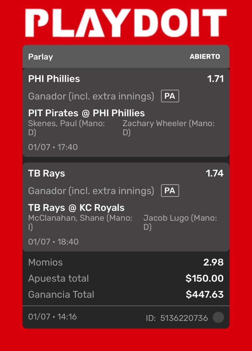 BatoBetsMX's tweet photo. BATOOS REGALAZOO✅✅

Ayer con la victoria de Mexico nos olvidamos de avisarles que se cobró nuestra MLB LOCK BET, y hoy será igual 

🔴PHILLIES VS PIRATES🟡
🔵RAYS VS ROYALS⚪️

#mlb #mlbpicks #playdoit https://t.co/ZFuD7NGRVl