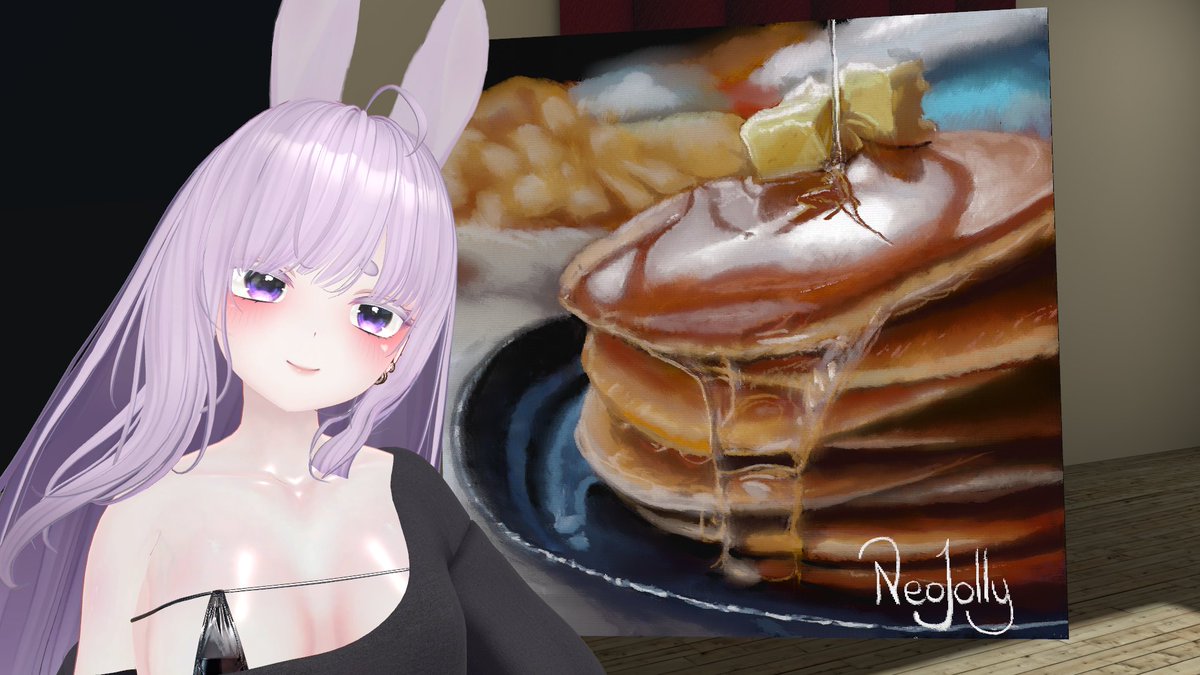 neojolly_vr's tweet photo. I love me some yummy maple syrup and pancakes. My VR painting was based on photo from Nadin Sh. 😋🐰 #VRChat #Painting #lifedrawingvr https://t.co/8UAInV9jUa