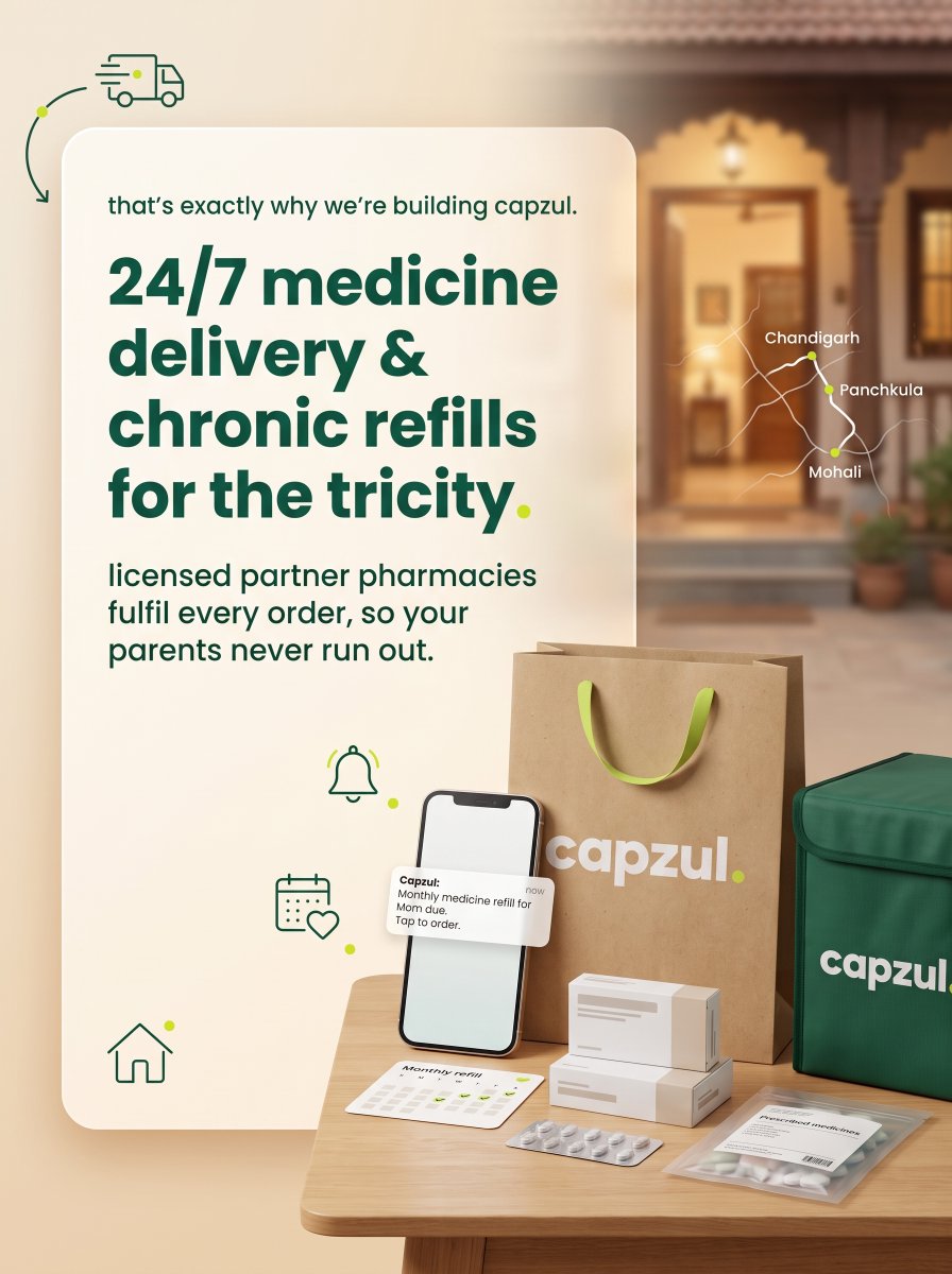 getcapzul's tweet photo. daily meds aren’t optional.

bp. thyroid. heart. cholesterol.

when parents manage refills alone, running out gets stressful.

capzul is coming to the tricity, launching in chandigarh, then mohali.

join the waitlist. 💚
fulfilled by licensed partner pharmacies.
#Healthcare #meds https://t.co/RVDDEKsLIY