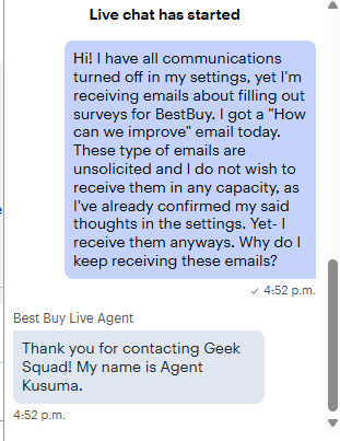 verydiem's tweet photo. @BestBuy not only are you sending me emails without my consent but your live chat doesn't even work and they aren't replying??????? https://t.co/PKvwQ9Q3nT