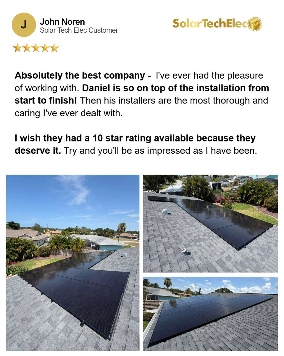SolarTechElec1's tweet photo. ⭐⭐⭐⭐⭐ “I wish they had a 10-star rating because they deserve it!”

Another happy homeowner in Venice, FL! ☀️

✅ 116% energy offset
💰 Bill reduced from ~$200/mo to ~$30/mo*
📈 Estimated 22% annual ROI
⏳ 8–9 year estimated payback
Ready to take control of your energy costs?
📞 (727) 472-9302

#SolarTechElec #SolarSavings #VeniceFL #FloridaSolar #GoSolar #CleanEnergy