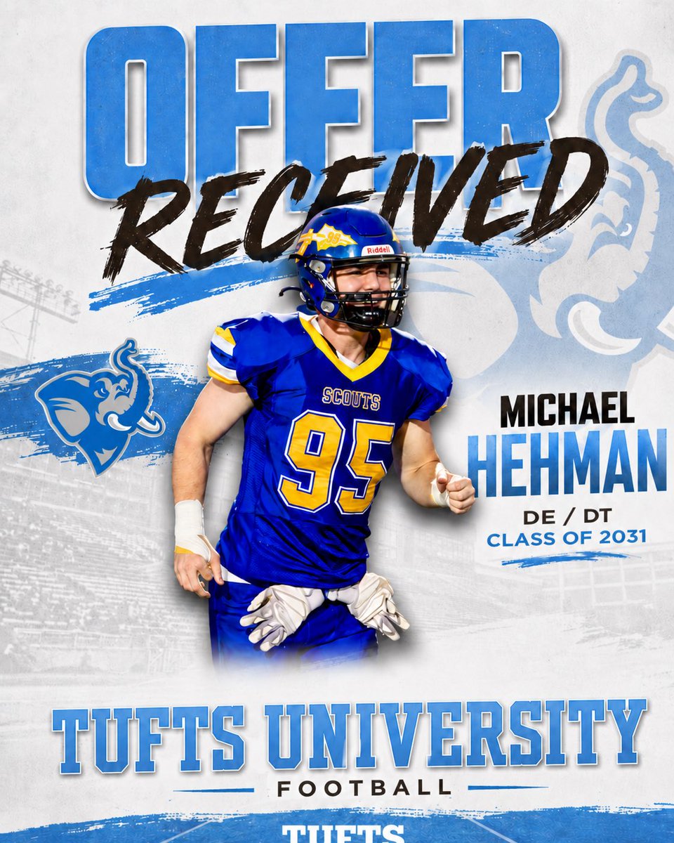 MikeHehman95's tweet photo. After a fantastic call with @CoachCivs, I’m proud to announce that I have received an offer to continue my athletic and academic career with @FootballTufts. Thank you so much for this incredible opportunity! Go Jumbos! 🐘 @Coach_Lopes @CoachRynne @CoachFucillo https://t.co/GkginpVqnP