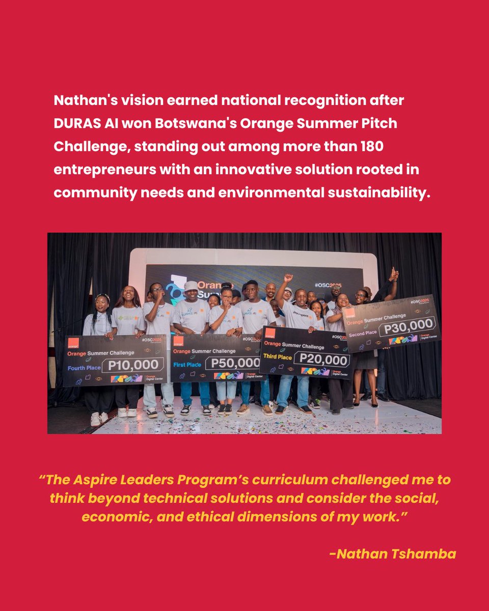 aspire_leaders's tweet photo. Today, we're celebrating Aspire alumnus Nathan Tshamba, founder of DURAS AI and winner of Botswana's Orange Summer Pitch Challenge.
Applications for the Aspire Leaders Program are now open! Apply today at https://t.co/jphliSrvjG
#aspireleadersprogram #firstgen #youngleaders https://t.co/rr2uM6pvJB