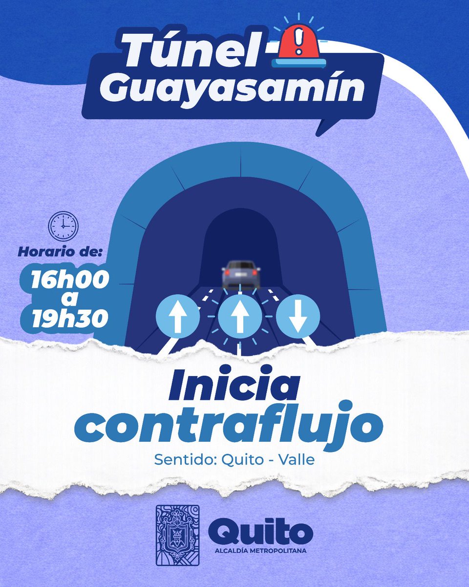AMT_Quito's tweet photo. 📢 #AMTInforma | ¡Pilas!

🚘 A esta hora se habilita el carril central del Túnel Guayasamín para liberar la congestión vehicular 🛣️.

☀️ Con información oportuna #QuitoRenace https://t.co/XtXcRVI8rB